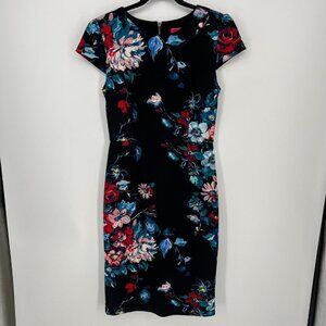 Betsey Johnson Womens Dark Floral Midi Dress Size 6 Cap Sleeve Lined EUC Black